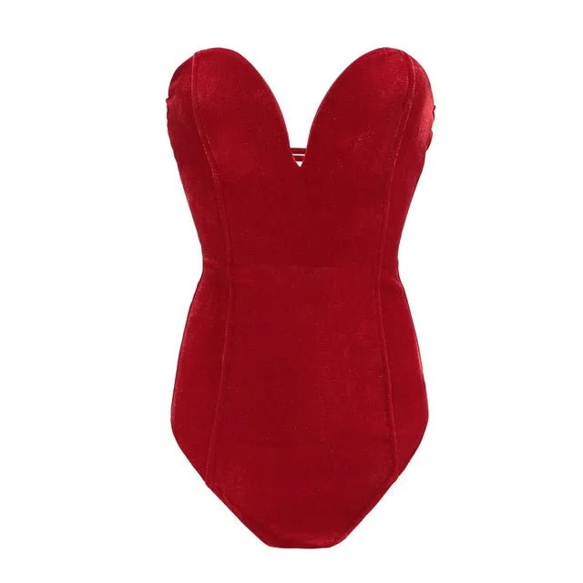 Women's Strapless Velvet Bodysuit – Burgundy Fitted Evening Bodysuit