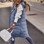 Women's Long Hooded Puffer Vest – Sleeveless Quilted Pocket Bodywarmer
