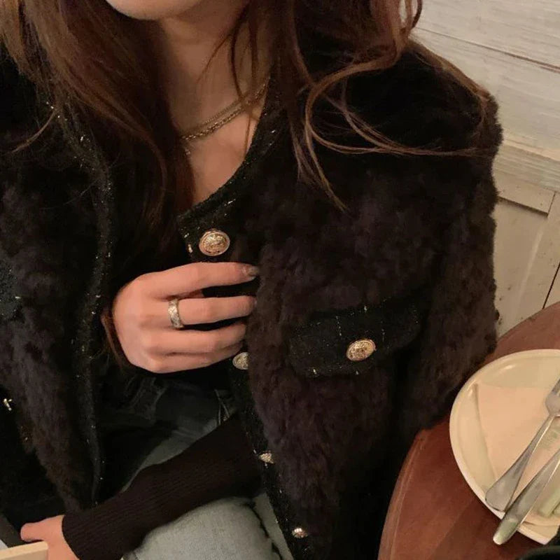 Women's Faux Fur Collar Coat – Cropped Plush Winter Jacket
