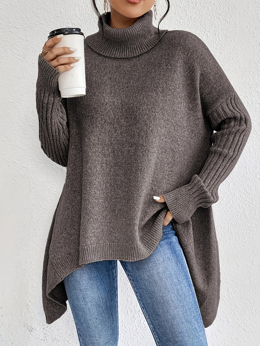 Women's Oversized High Neck Sweater – Relaxed Winter Knit Sweater