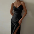 Women's V-Neck Evening Maxi Dress – Draped Side Slit Formal Gown