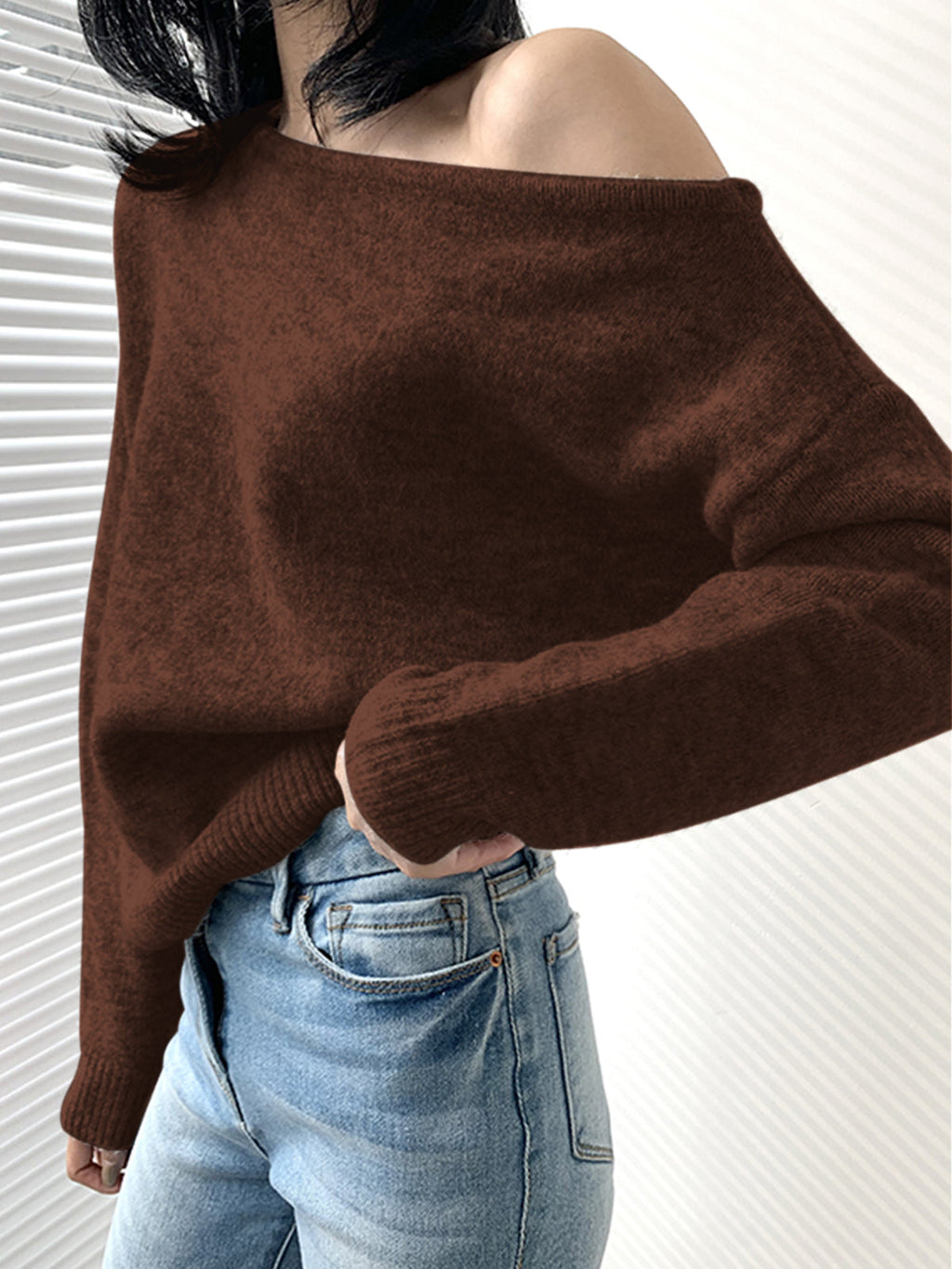 Women's One Shoulder Sweater – Asymmetrical Cropped Ribbed Pullover