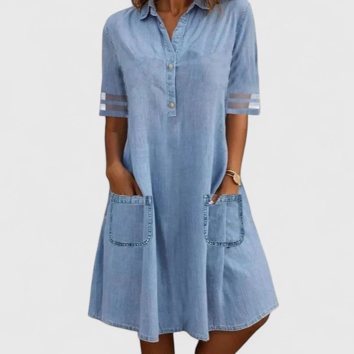 Women's Denim Look Shirt Dress – Button Front Long Sleeve Dress