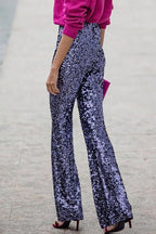 Women's Fitted Sequin Party Pants – High Waist Sparkly Evening Trousers