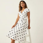 Women's V-Neck Wrap Dress – Polka Dot Midi Dress
