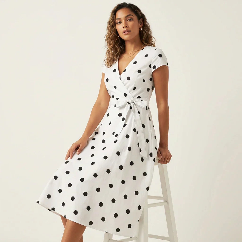 Women's V-Neck Wrap Dress – Polka Dot Midi Dress