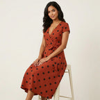 Women's V-Neck Wrap Dress – Polka Dot Midi Dress