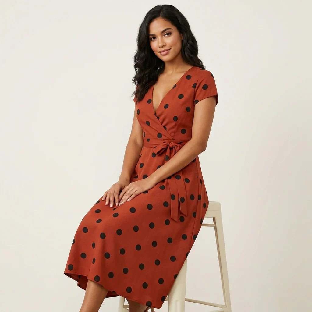 Women's V-Neck Wrap Dress – Polka Dot Midi Dress