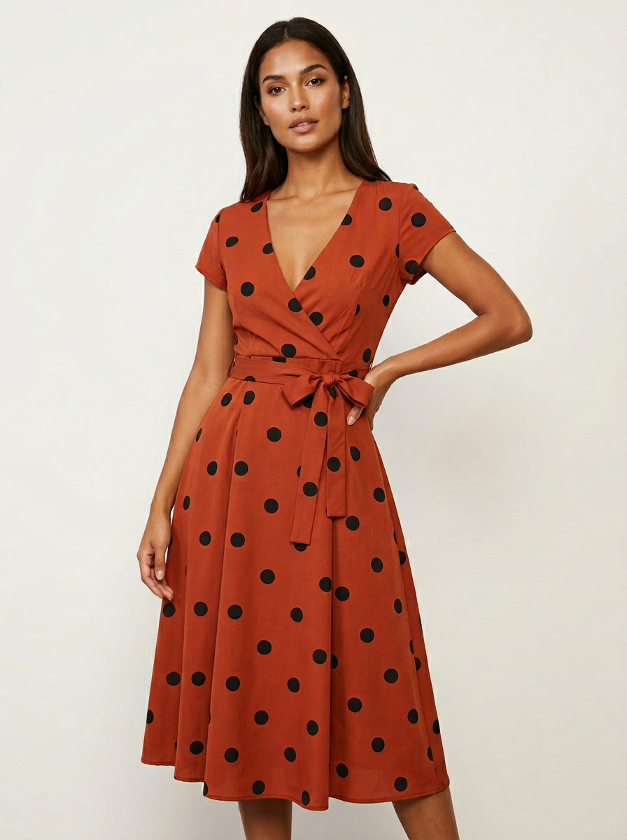 Women's V-Neck Wrap Dress – Polka Dot Midi Dress