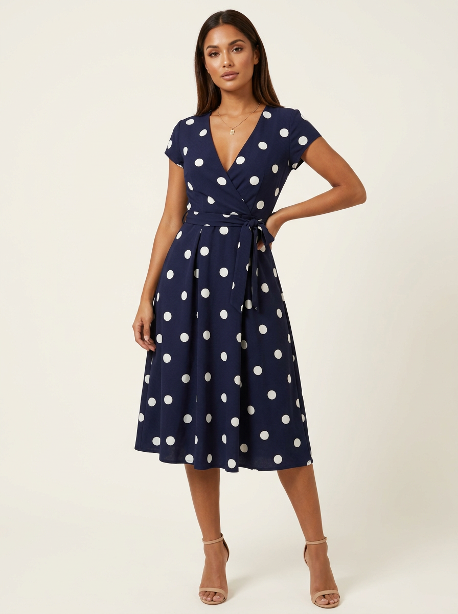 Women's V-Neck Wrap Dress – Polka Dot Midi Dress