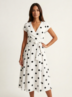 Women's V-Neck Wrap Dress – Polka Dot Midi Dress