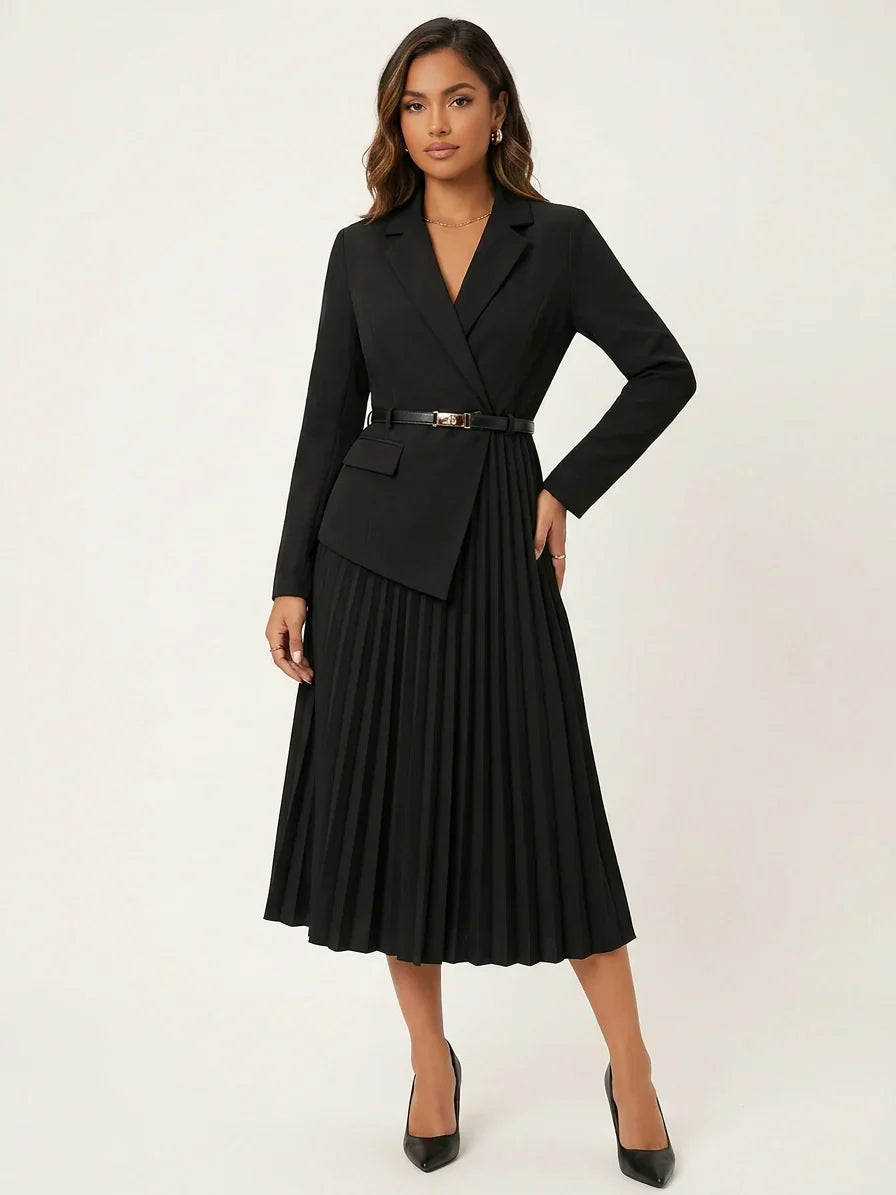 Women's Blazer Midi Dress – Pleated Office Dress