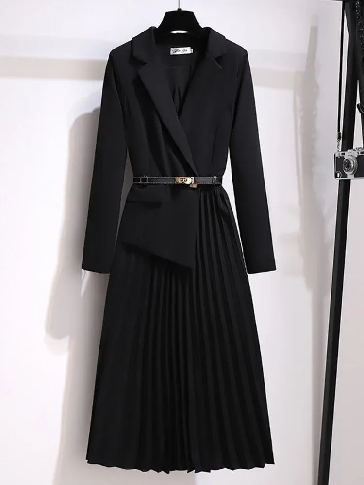 Women's Blazer Midi Dress – Pleated Office Dress