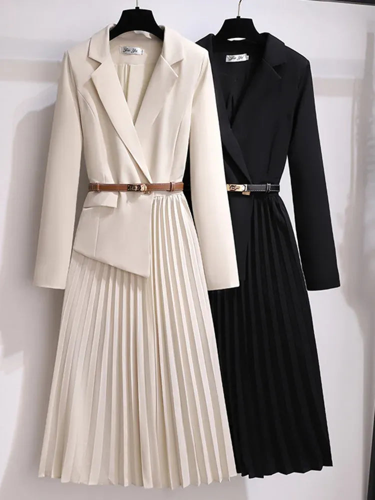 Women's Blazer Midi Dress – Pleated Office Dress