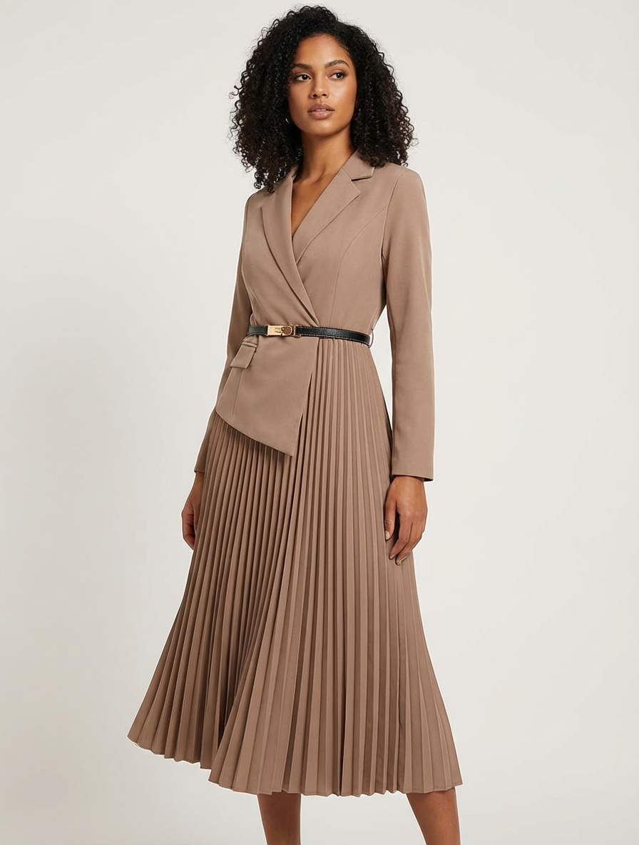 Women's Blazer Midi Dress – Pleated Office Dress