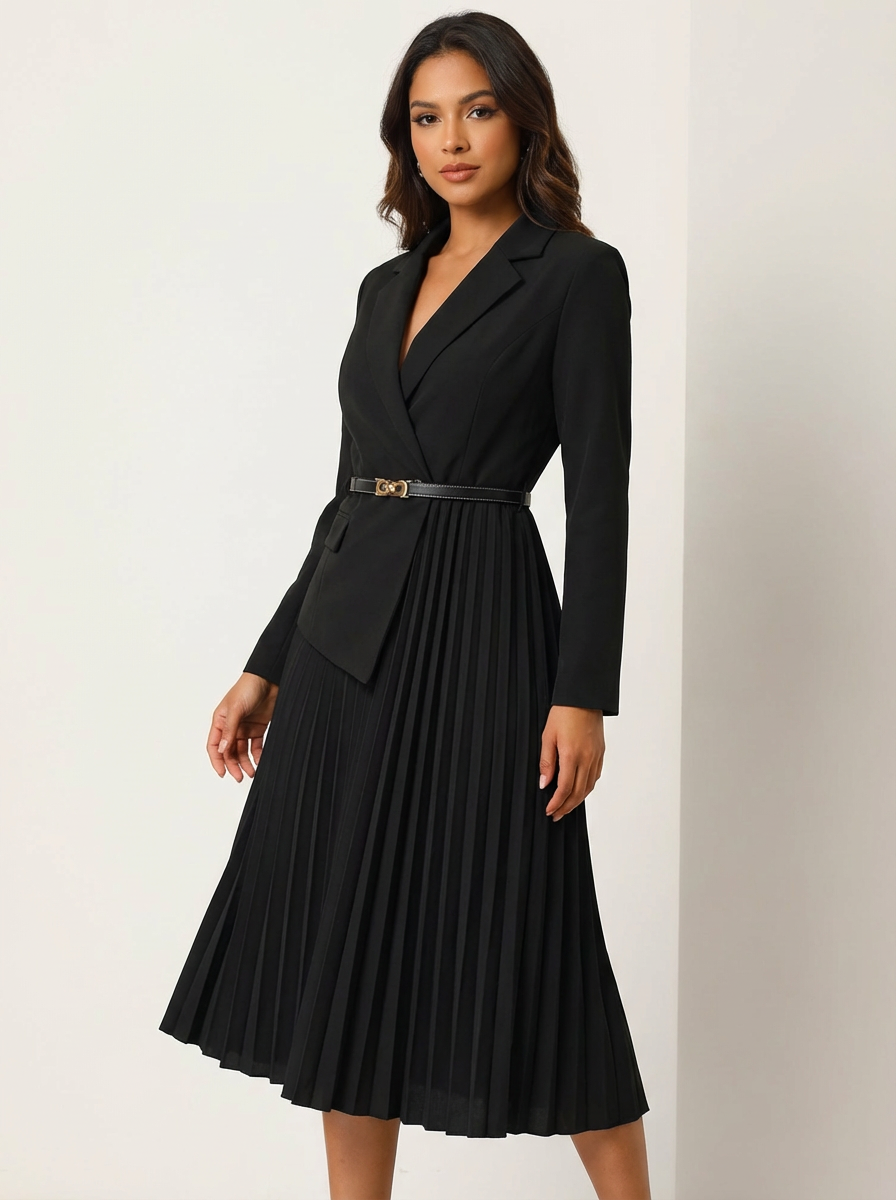Women's Blazer Midi Dress – Pleated Office Dress