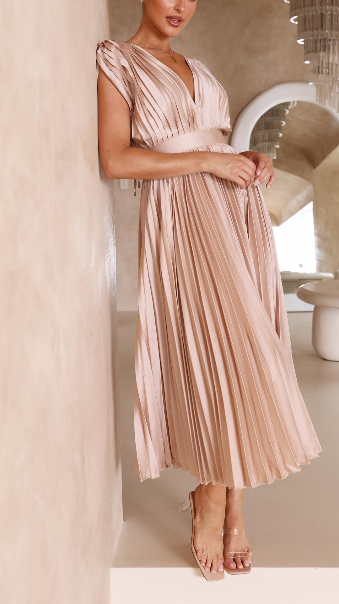Women's Pleated Maxi Dress – Flowing Occasion Dress