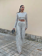 Women's Sequin Crop Top Set – High Waist Wide Leg Party Pants Set
