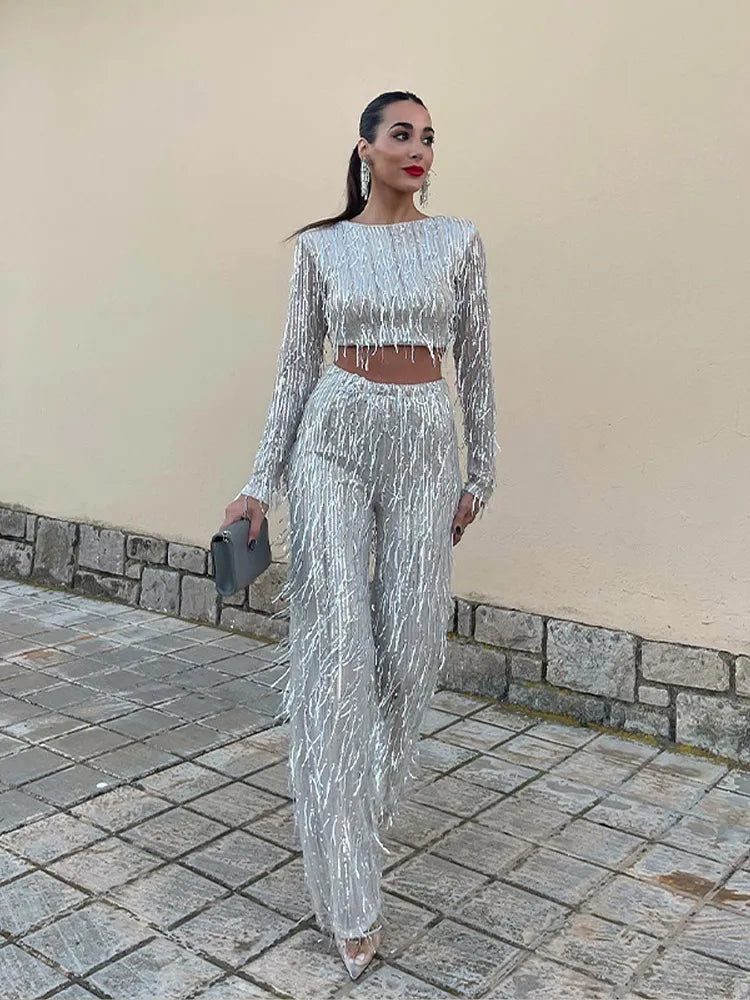 Women's Sequin Crop Top Set – High Waist Wide Leg Party Pants Set