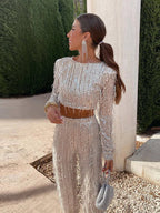 Women's Sequin Crop Top Set – High Waist Wide Leg Party Pants Set