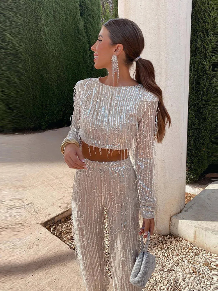 Women's Sequin Crop Top Set – High Waist Wide Leg Party Pants Set