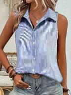 Women's Striped Collared Blouse – Sleeveless Button Down Blouse