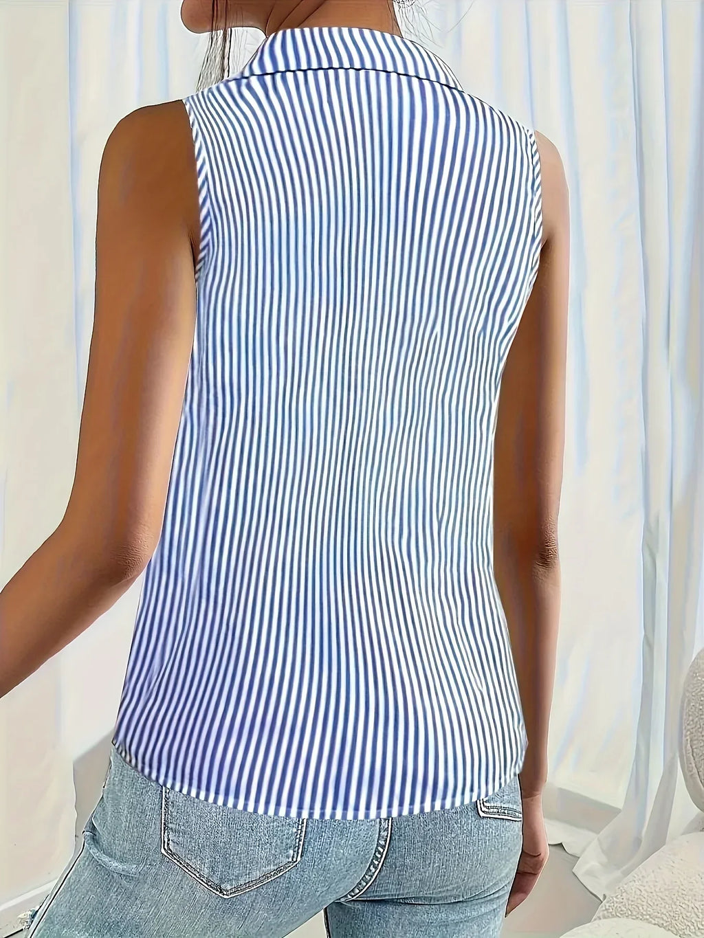 Women's Striped Collared Blouse – Sleeveless Button Down Blouse