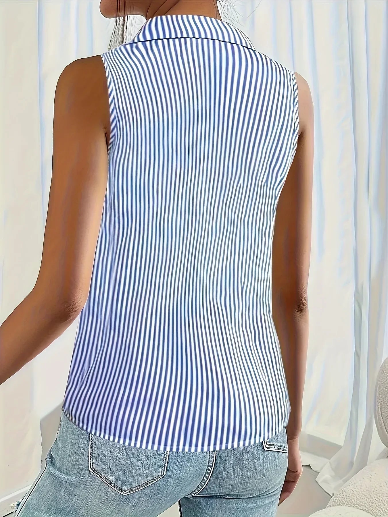 Women's Striped Collared Blouse – Sleeveless Button Down Blouse
