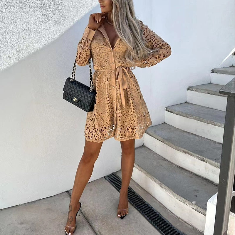 Women's Belted Shirt Dress – Long Sleeve Romantic Occasion Dress