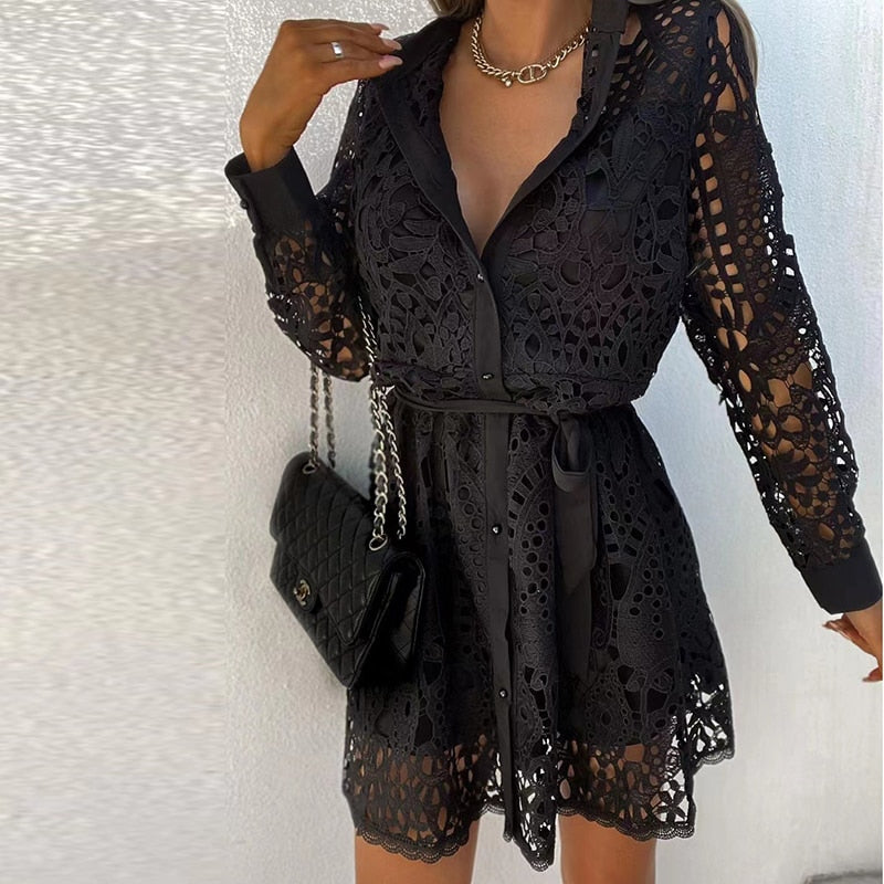 Women's Belted Shirt Dress – Long Sleeve Romantic Occasion Dress