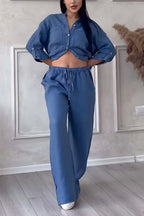 Women's Relaxed Blouse Set – Long Sleeve Top & Wide Leg Pants Set