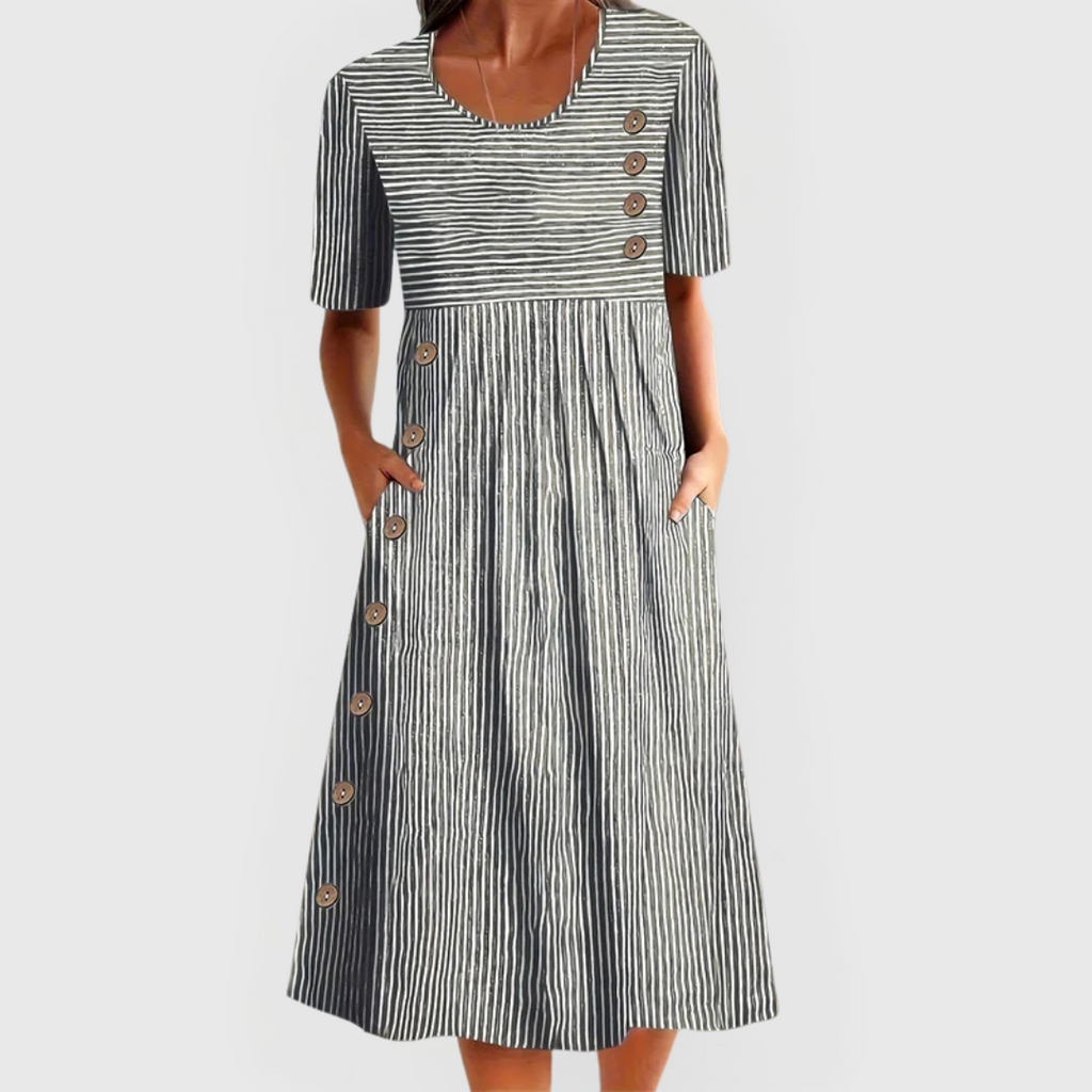 Women's Striped Midi Dress – Three-Quarter Sleeve Flowy Dress