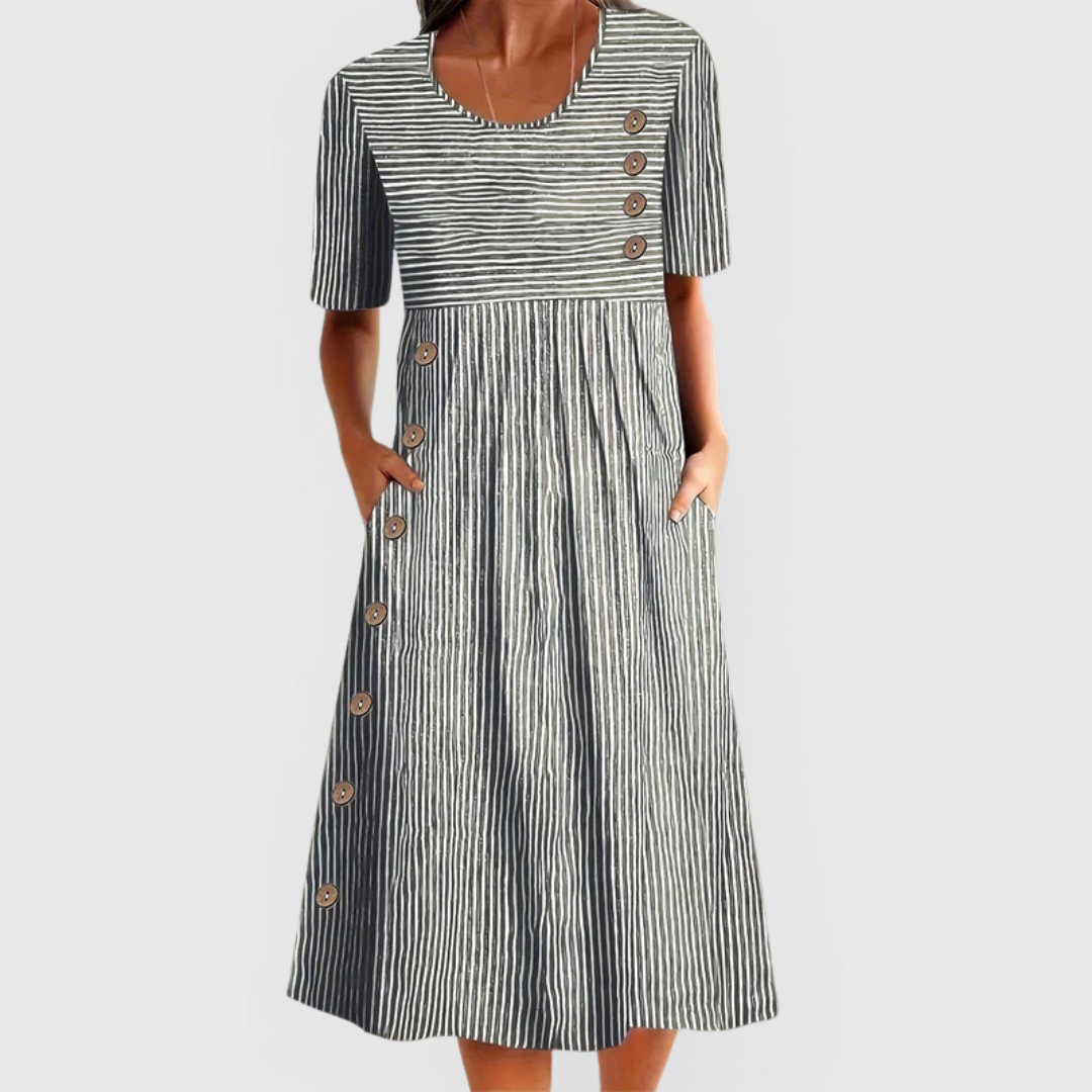 Women's Striped Midi Dress – Three-Quarter Sleeve Flowy Dress