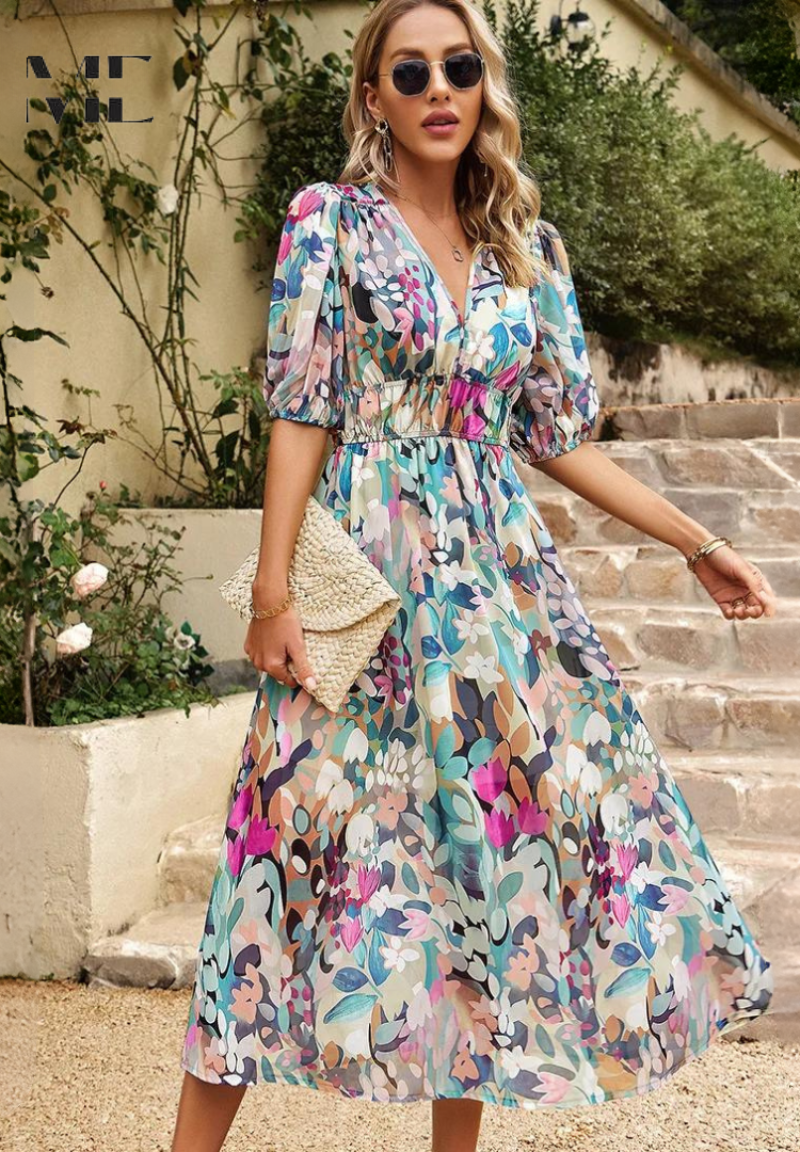 Women's Floral Midi Dress – Elegant Occasion Dress – Elena