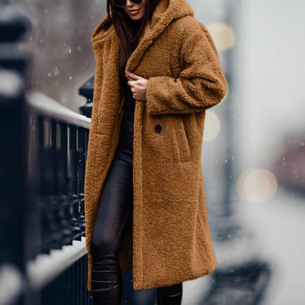 Women's Fluffy Hooded Coat – Longline Cold Weather Winter Jacket