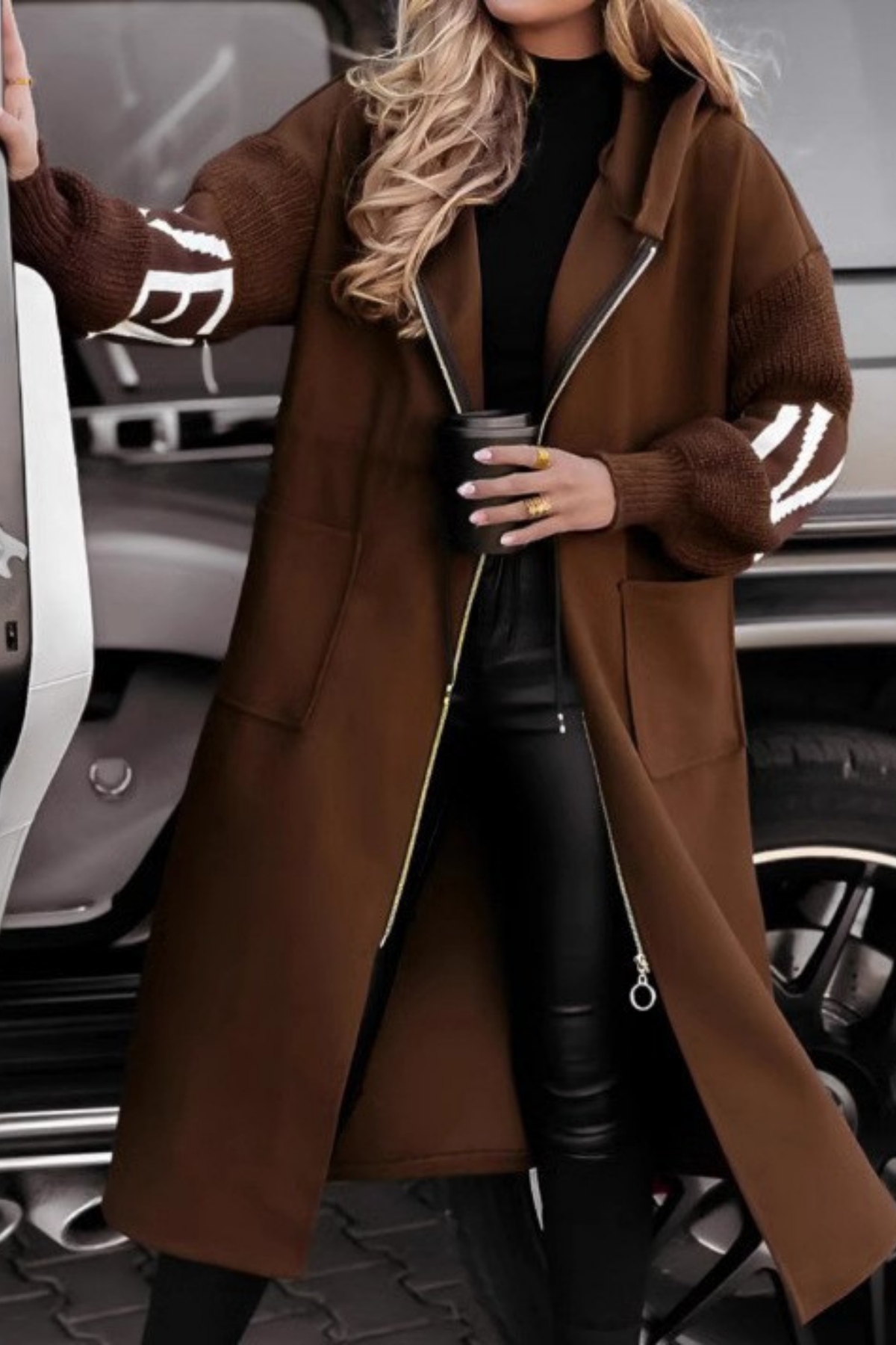Women's Hooded Knit Sleeve Jacket – Zip Front Casual Jacket
