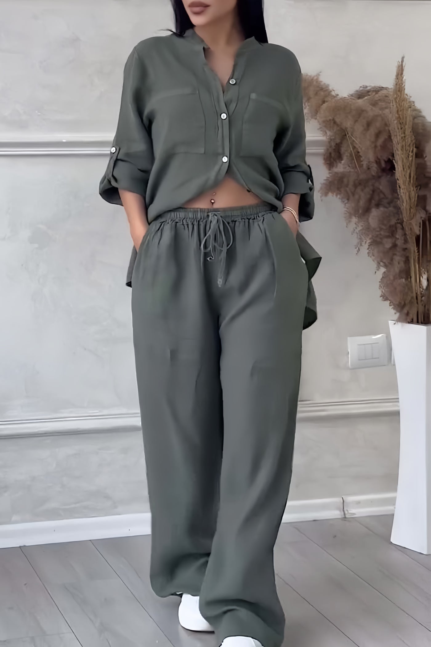 Women's Relaxed Blouse Set – Long Sleeve Top & Wide Leg Pants Set