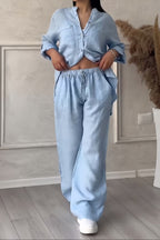 Women's Relaxed Blouse Set – Long Sleeve Top & Wide Leg Pants Set