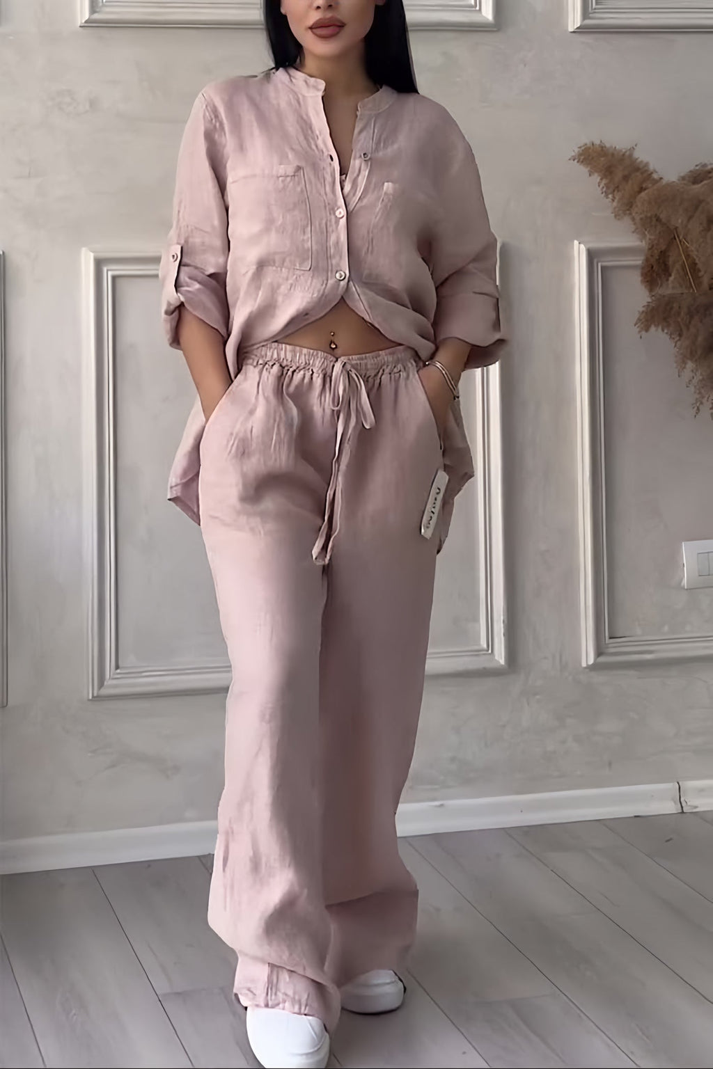 Women's Relaxed Blouse Set – Long Sleeve Top & Wide Leg Pants Set