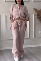 Women's Relaxed Blouse Set – Long Sleeve Top & Wide Leg Pants Set