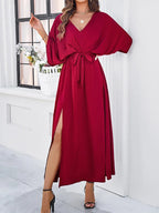 Women's Tie Waist Maxi Dress – Deep V-Neck Side Split Long Dress
