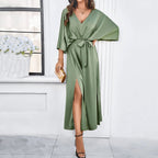 Women's Tie Waist Maxi Dress – Deep V-Neck Side Split Long Dress