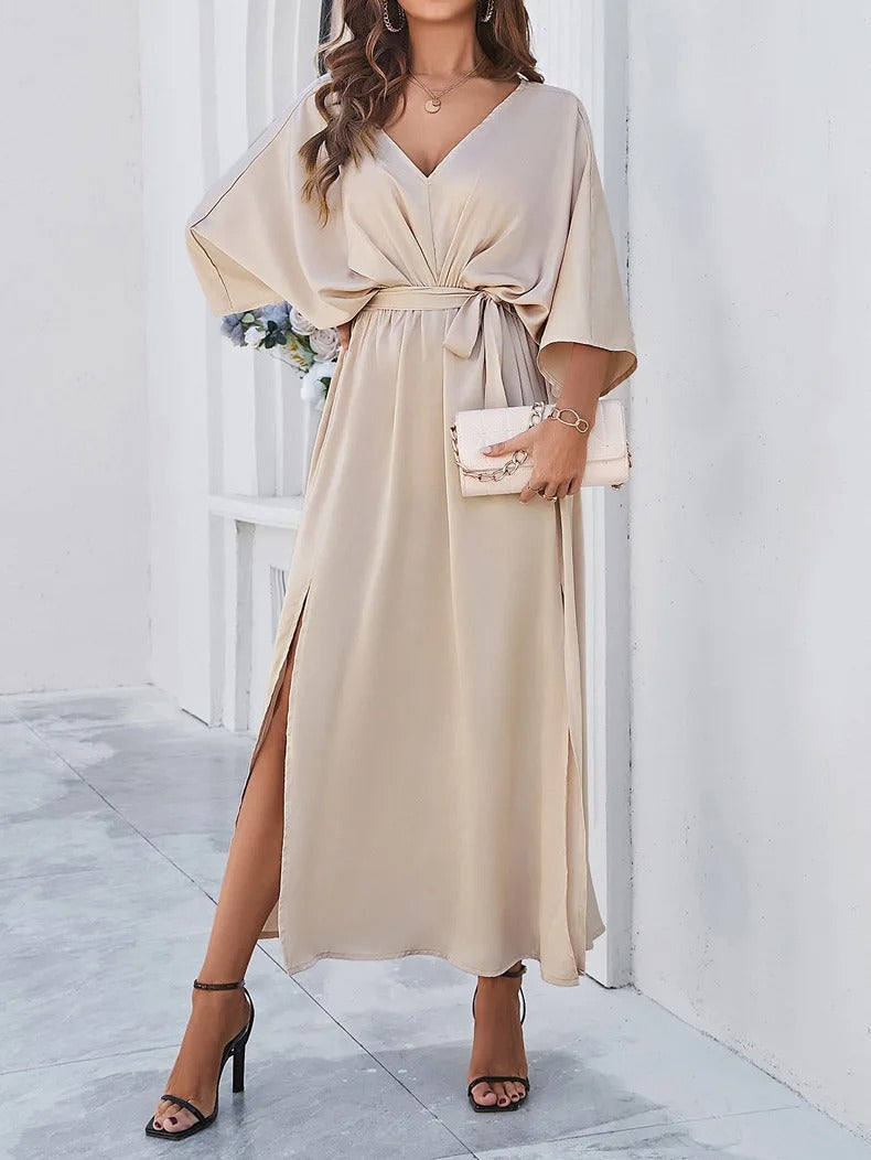 Women's Tie Waist Maxi Dress – Deep V-Neck Side Split Long Dress