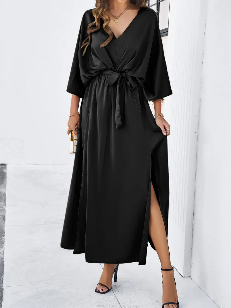 Women's Tie Waist Maxi Dress – Deep V-Neck Side Split Long Dress