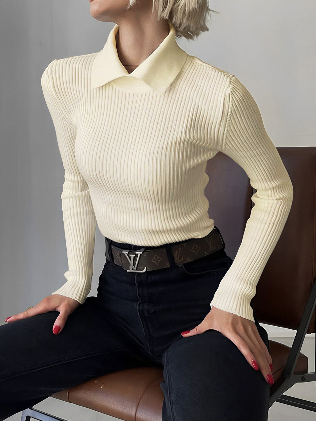 Women's Ribbed Polo Sweater – Collared Long Sleeve Knit Top