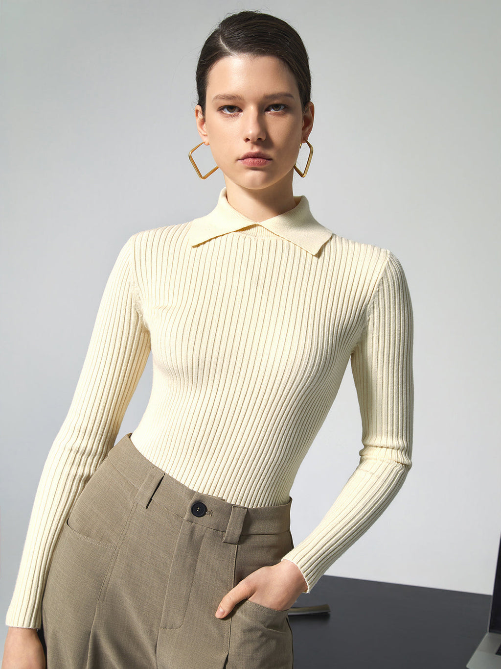 Women's Ribbed Polo Sweater – Collared Long Sleeve Knit Top
