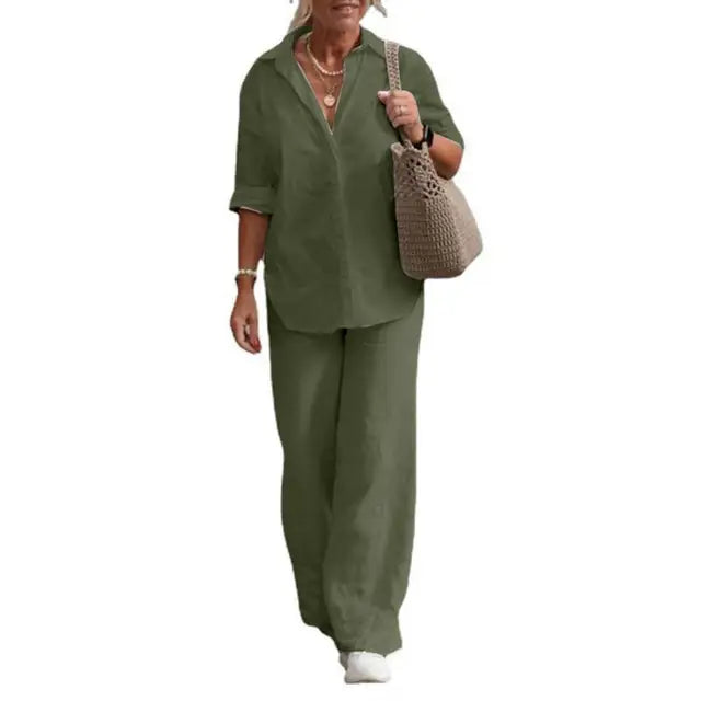 Women's Blouse & Wide Leg Pants Set – Relaxed Two-Piece Matching Set