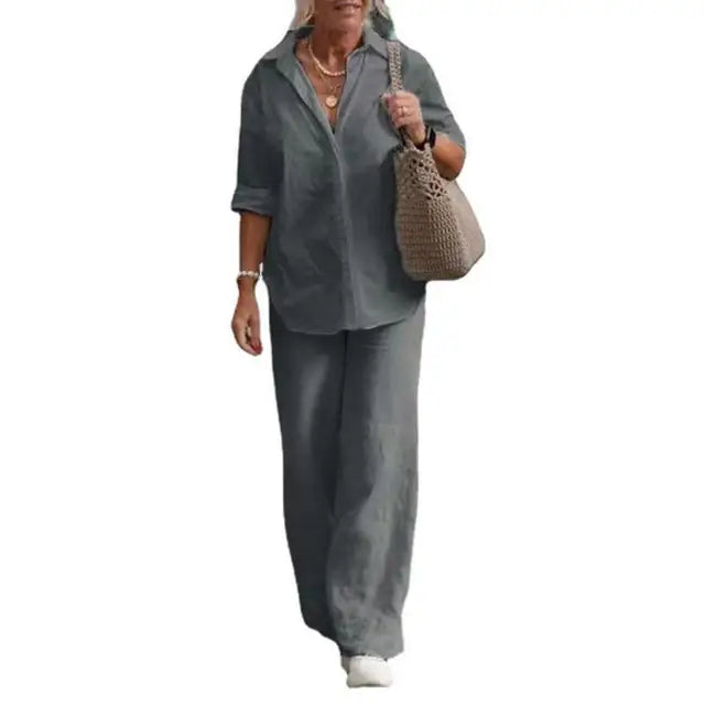 Women's Blouse & Wide Leg Pants Set – Relaxed Two-Piece Matching Set