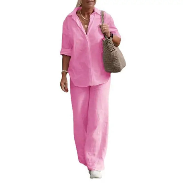 Women's Blouse & Wide Leg Pants Set – Relaxed Two-Piece Matching Set