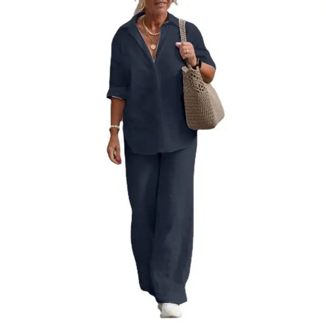 Women's Blouse & Wide Leg Pants Set – Relaxed Two-Piece Matching Set